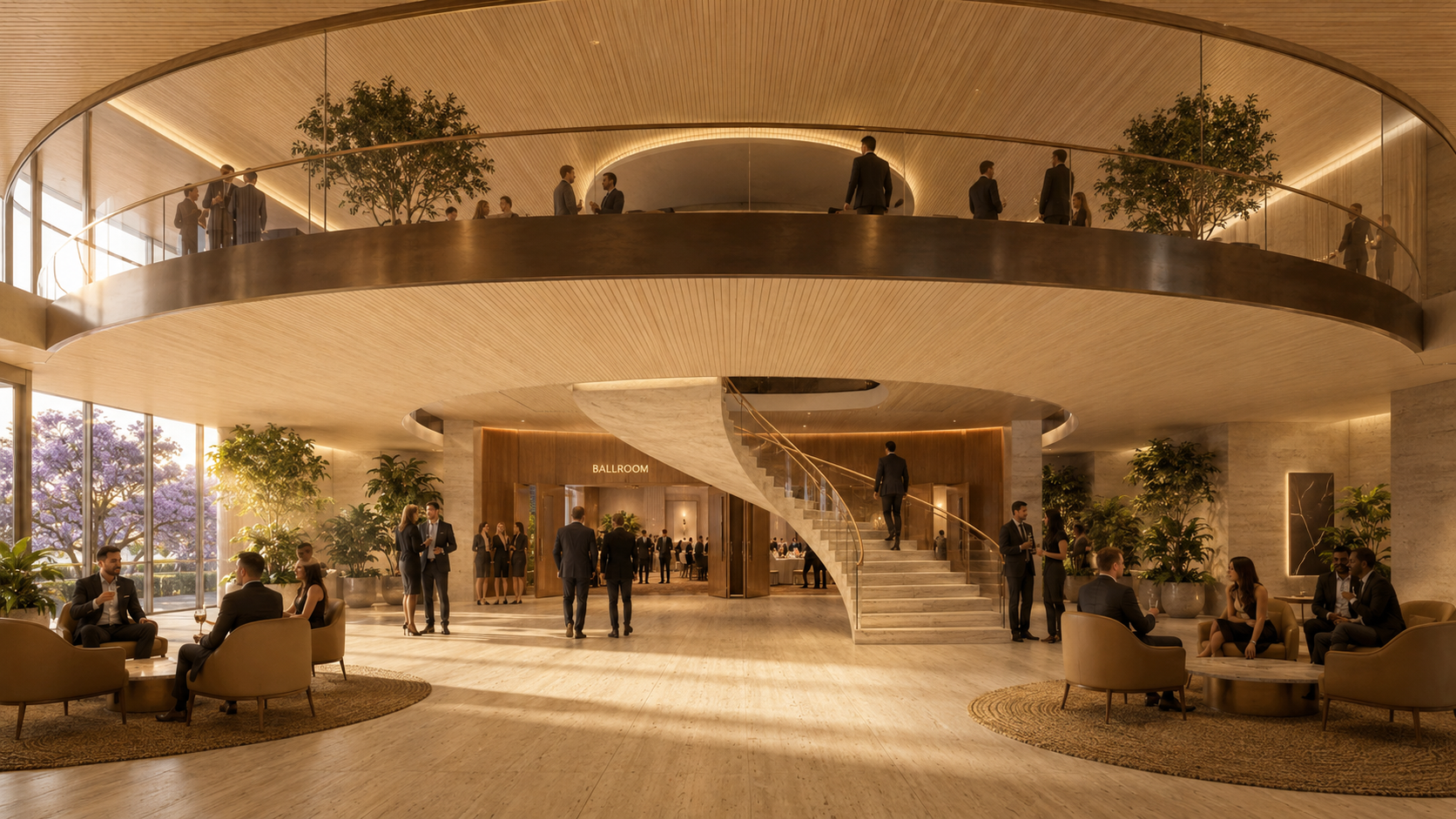 Render del lobby de doble altura del Ramada Chaco I