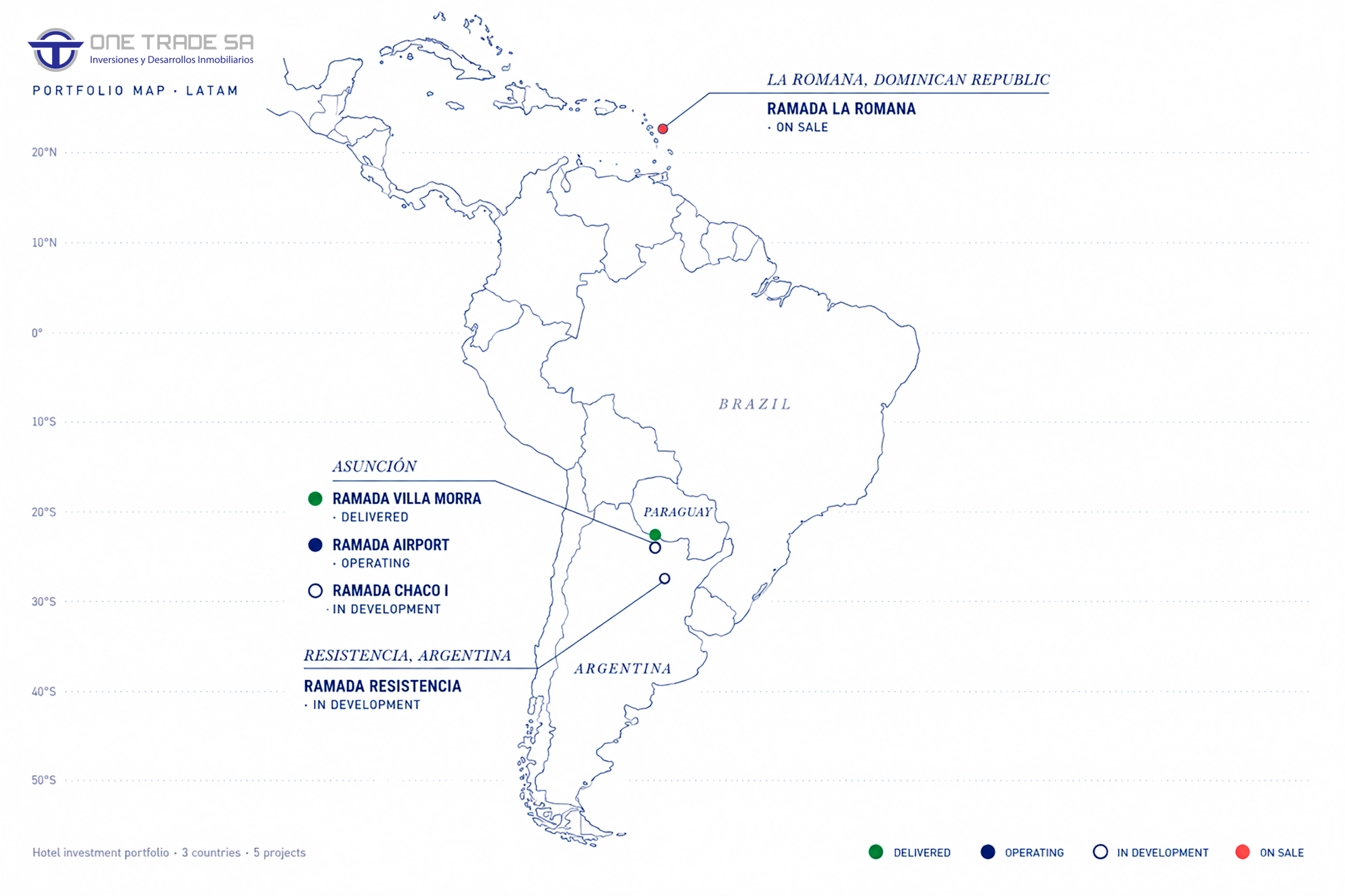 Mapa de Latinoamérica con la ubicación de los cinco proyectos One Trade: Asunción y Chaco I (Paraguay), La Romana (República Dominicana), Resistencia (Argentina)